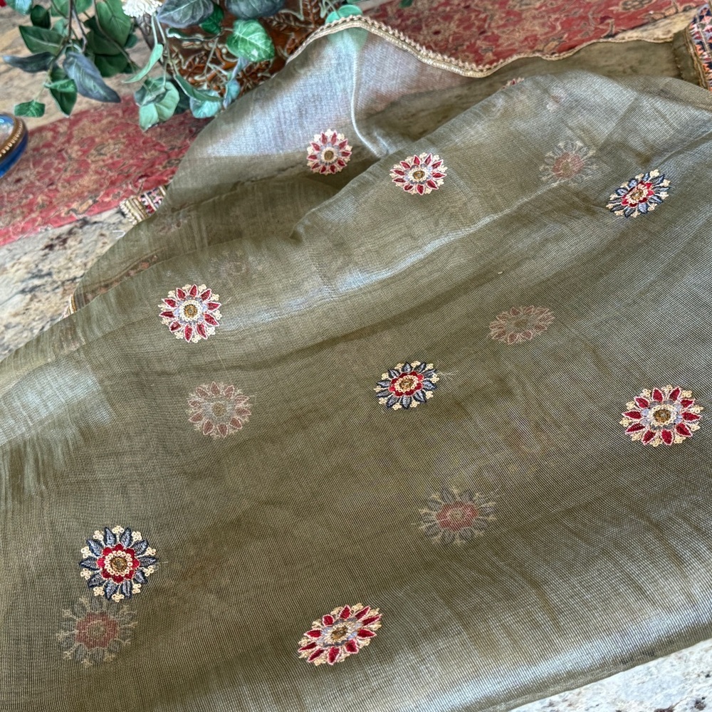 97 X 33” Indian Saree Olive-Green & Flowers